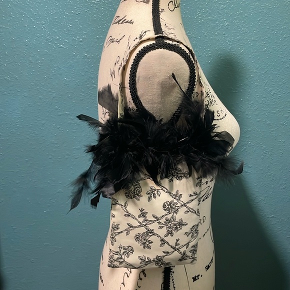 Handmade black feather boa small purse w/floral print handle & body velcro close - Picture 3 of 13